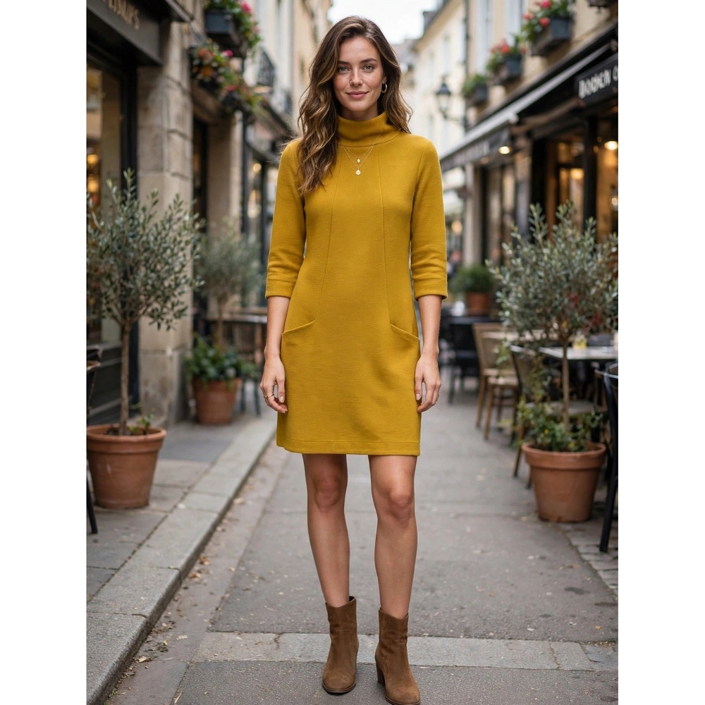 Boden Ottilie Ottoman Dress Mustard Yellow Funnel Neck Shift Pockets US 8R